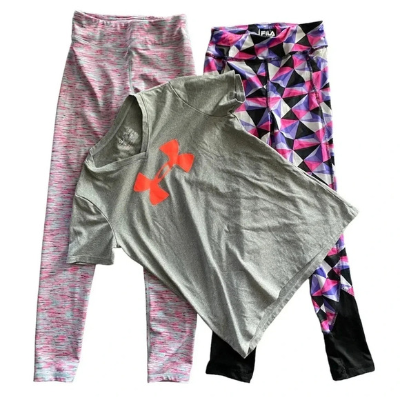 UNDER ARMOUR 90 DEGREE FILA EUC GIRLS LEGGINGS TOP SHIRT SUMMER SIZE M 10 12 - Picture 1 of 11